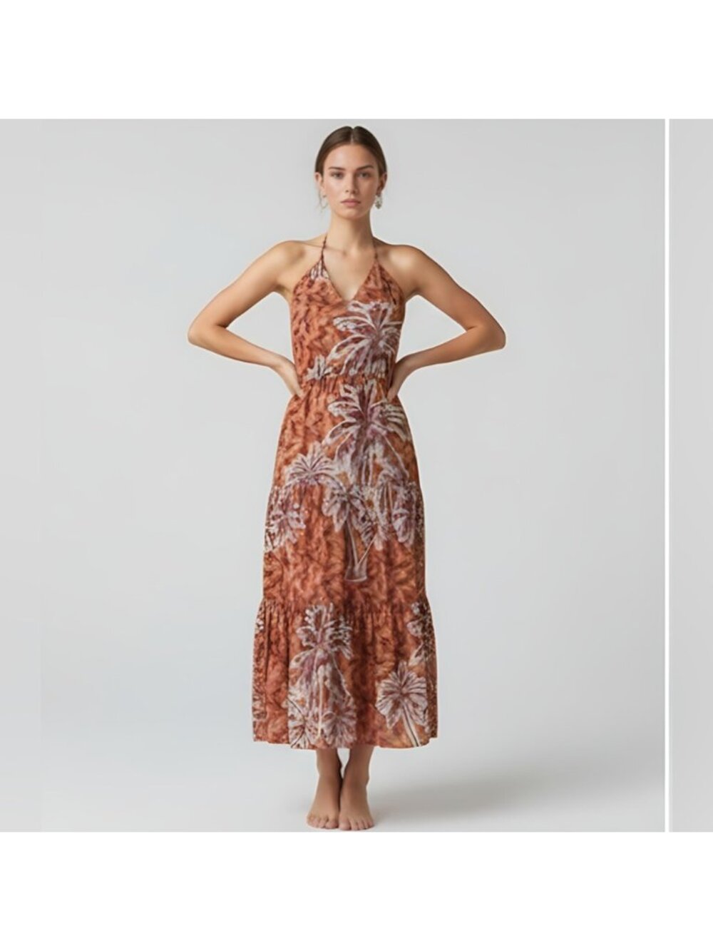 Tropical Print Ruffle Hem Tie Back Halter Dress - Picture 2 of 10